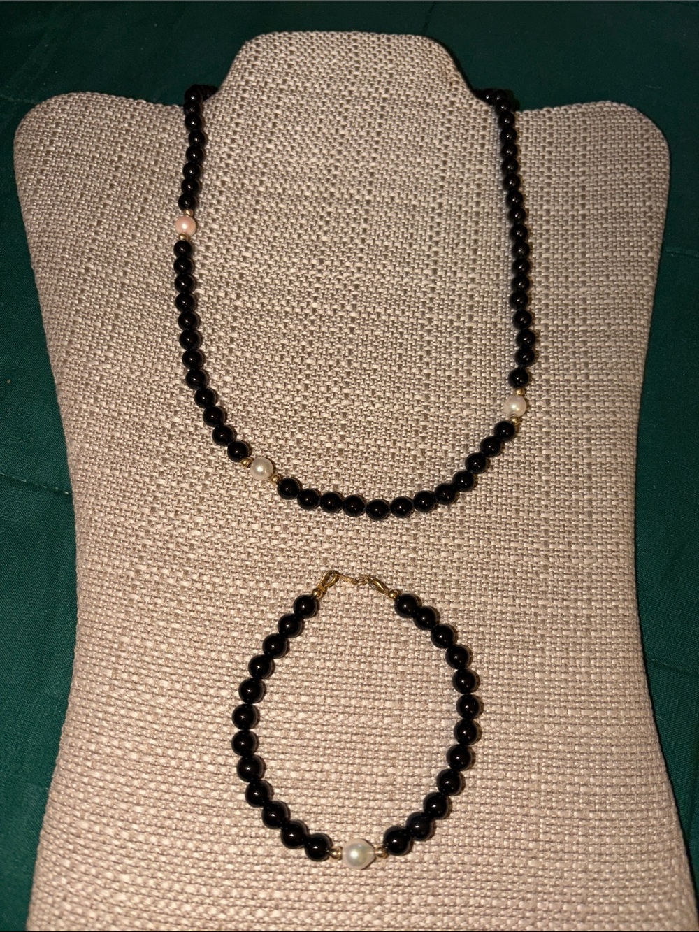 🖤💛Black Onyx, Genuine Pearls & Gold Beaded Necklace W/Matching 14K Bracelet Sz M
